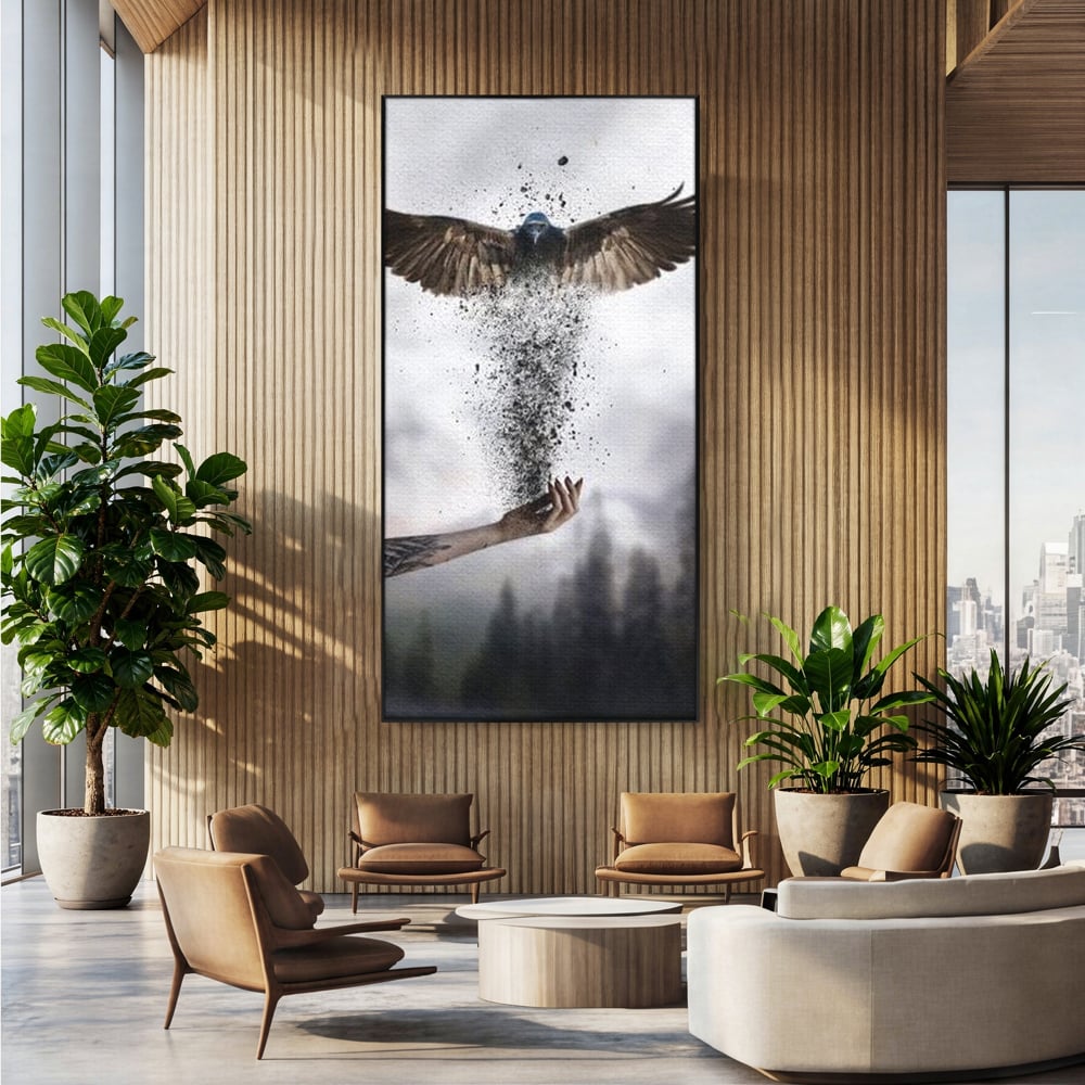 Tablou canvas cu tablou canvas cu pasare si mana din cenusa, in rama de aluminiu negru, pe perete intr-un birou